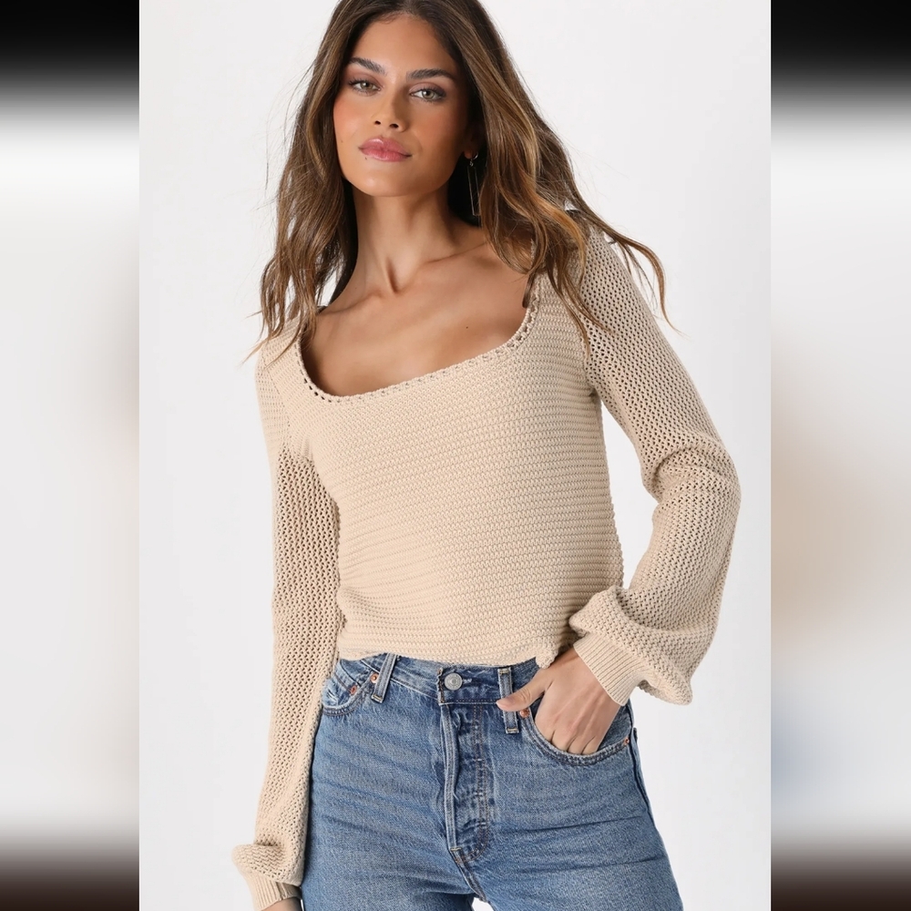 Lulus Best Essence Beige Knit Long Sleeve Sweater Top Large Boho Neutral